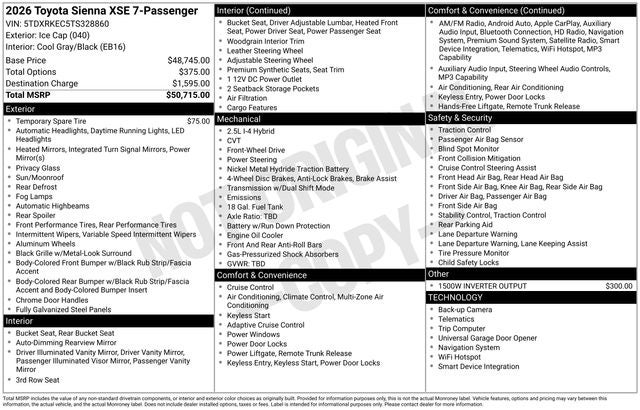2026 Toyota Sienna XSE 7 Passenger