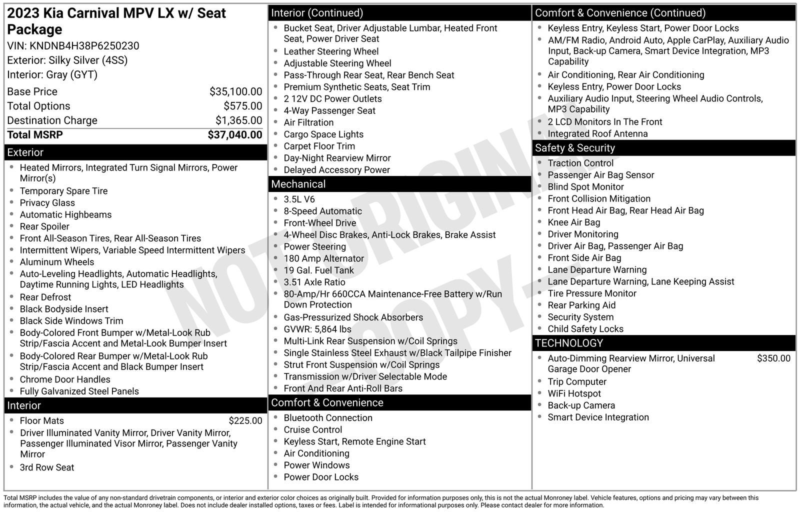 2023 Kia Carnival LX Seat Package